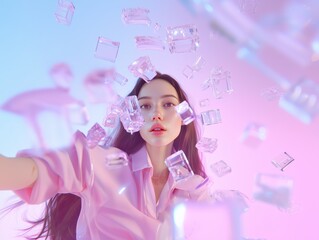 Woman Surrounded by Floating Transparent Cubes in a Pink Hue