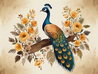 Peacock with Flowers