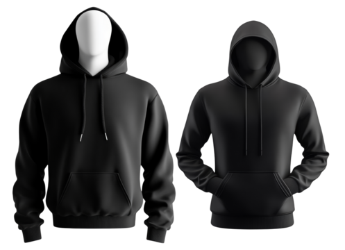 Blank Black Hoodie Mockup Set Front and Side Views Stylish Casual Apparel for Men and Women Trendy Streetwear Fashion Design Isolated on Transparency BackgroundClothing Brands and E-commerce Use