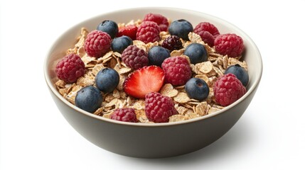 Raspberries, blueberries, strawberries and whole grain cereal in a bowl on white background.