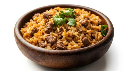 Food, Brazilian Rice With Beef, Realistic Photo, on Black Background, Abstract Image, Texture, Pattern Background, Wallpaper, Cover and Screen of Smartphone, PC, Laptop, 9:16 and 16:9 Format