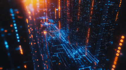 Obraz premium Smart digital city with connection cyber security network reciprocity over the cityscape . future smart wireless digital city and social media networking systems that connects people within the city