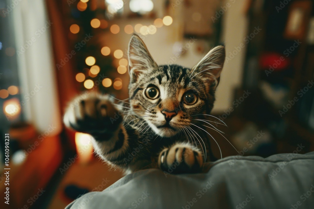 Poster cat is playing with a person's hand. the cat is looking at the camera with a curious expression