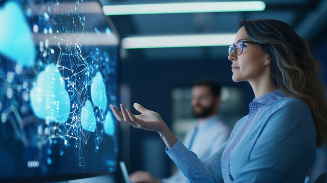 Woman Leading Cloud Computing Session in Modern Tech Environment
