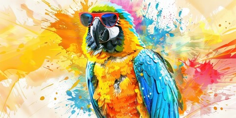 Brightly colored parrot against a burst of watercolor splashes, creating an atmosphere of vibrancy and liveliness.
