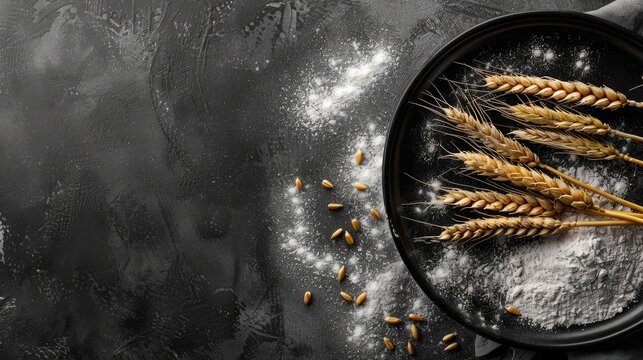 Wheat Flour Pattern on Black Plate with Copy Space