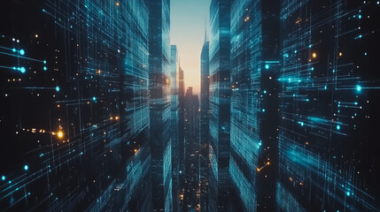 Fototapeta premium Smart digital city with connection cyber security network reciprocity over the cityscape . future smart wireless digital city and social media networking systems that connects people within the city