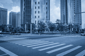 Modern Urban Landscape Featuring Crosswalks and Skyscrapers