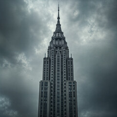 Fototapeta premium a renowned Art Deco skyscraper in New York City. It captures the building's intricate architectural details, set against a backdrop of a dark, cloudy sky.
