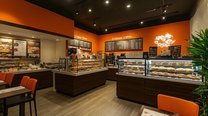 A modern coffee shop interior with orange walls, wood accents, and a display case of pastries.