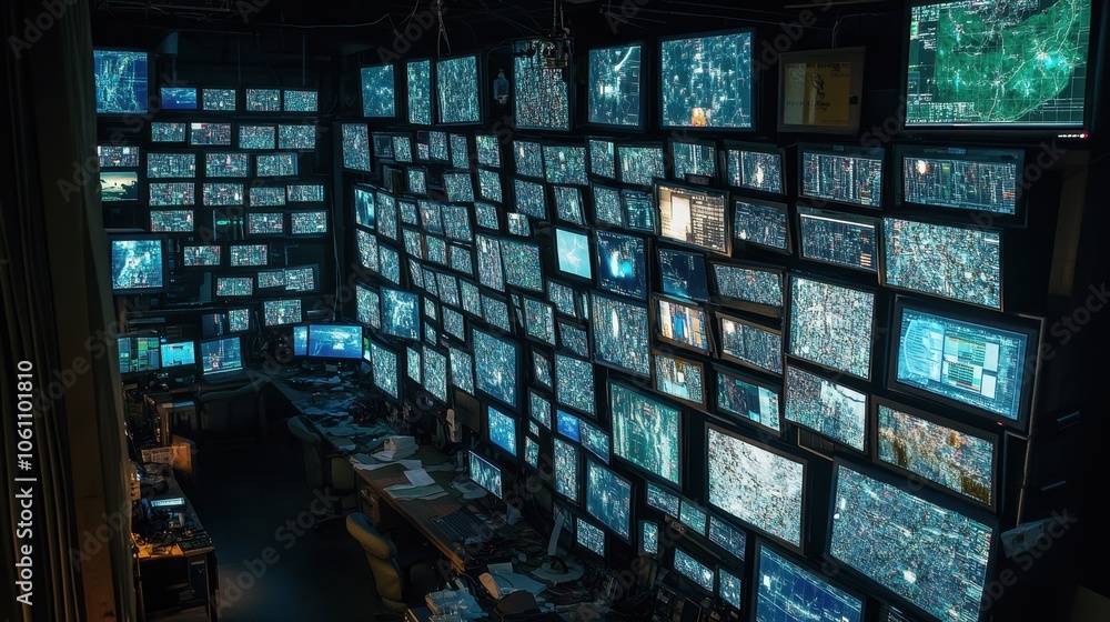 Poster vast array of digital displays in a futuristic control room