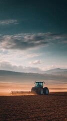 Obraz premium A modern tractor plowing a vast field with the first light of sunrise casting long shadows and golden hues, creating a dramatic and serene rural landscape 