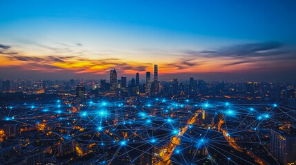 Fototapeta premium Smart digital city with connection cyber security network reciprocity over the cityscape . future smart wireless digital city and social media networking systems that connects people within the city