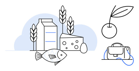 Milk carton, cheese, wheat stalks, fish, egg, and a cherry with a handbag. Ideal for nutrition education, healthy eating, culinary classes, diet plans, wellness guides, food blogs, marketing. Line