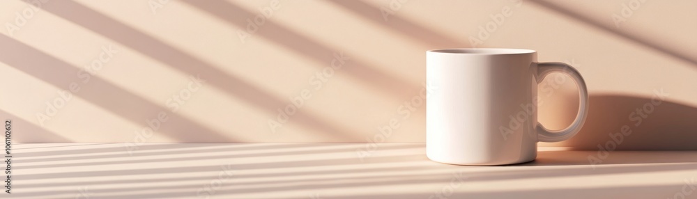 Poster White Mug on a Beige Table with Sunlight Streaming Through the Window