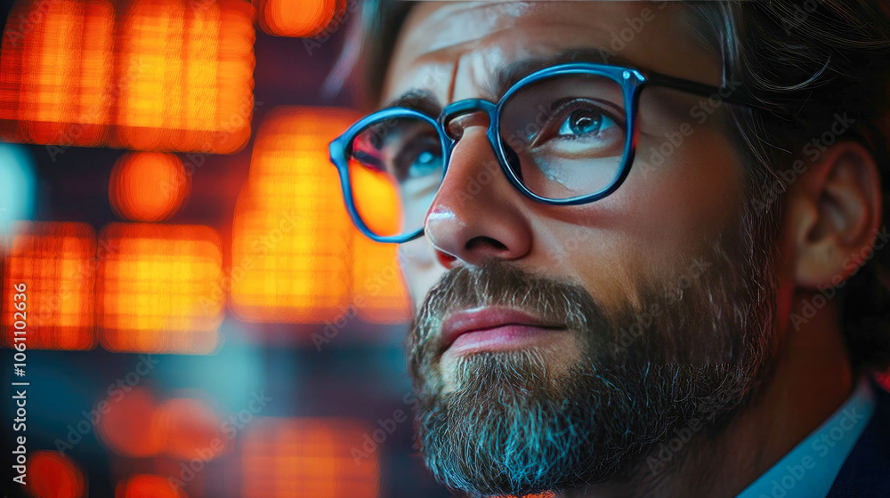 Poster a businessman analyzing complex data on multiple digital screens, representing business analysis, fi