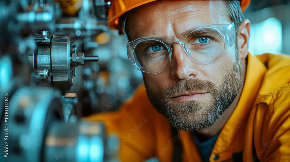 Poster an engineer wearing safety glasses and helmet, closely inspecting a cnc machine part for quality and