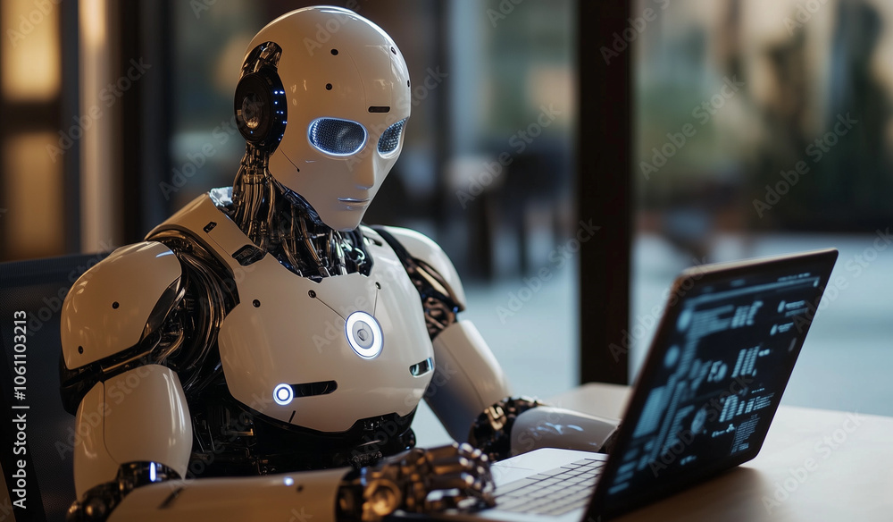 Poster a humanoid robot with artificial intelligence works at a futuristic laptop computer