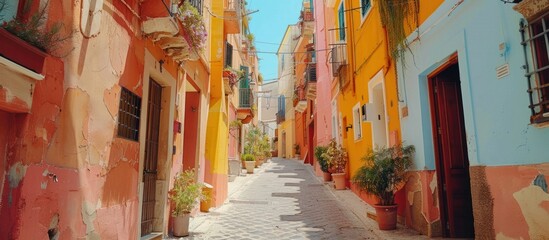Fototapeta premium Charming alleyway in a picturesque Mediterranean town showcasing the captivating architectural details and historic landmark features that create a truly idyllic and immersive travel experience