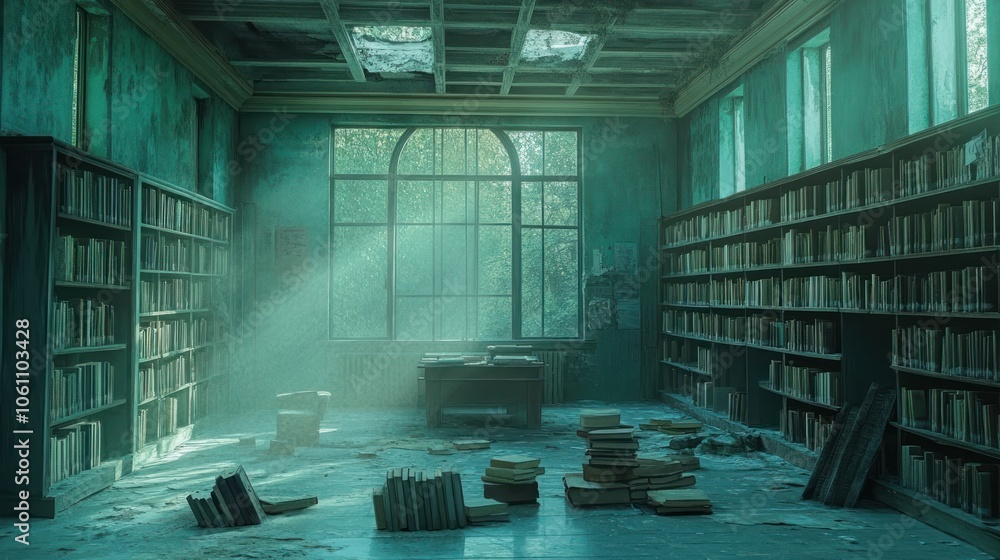 Poster an abandoned library with stacks of books scattered across the floor, dust motes dancing in the ligh