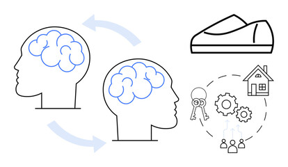 Two human brains connected by arrows, shoe outline, house key, house icon, gears and people icons. Ideal for education, innovation, teamwork, real estate, lifestyle, creativity, networking. Line