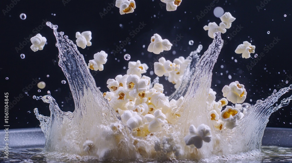 Aufkleber popcorn exploding with a splash of water, creating a dramatic and artistic effect.