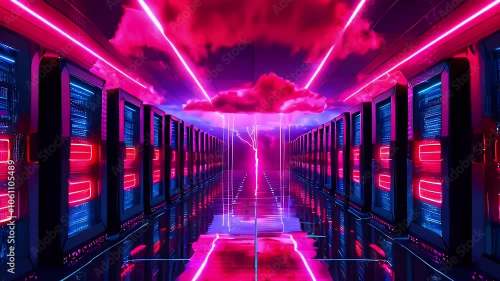 Poster pink neon light illuminate rows of servers with cloud computing concept.