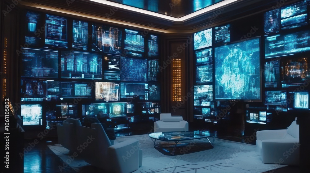 Aufkleber a futuristic control room with numerous screens displaying data and information.