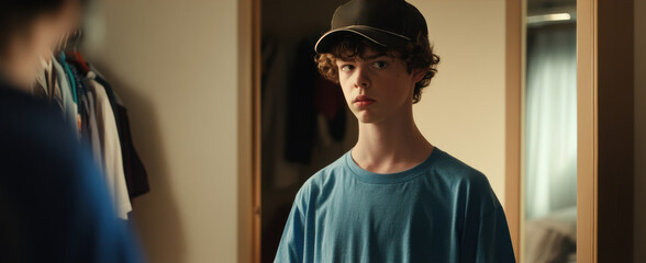 The teenager stands in front of a mirror, awkwardly adjusting the clothes