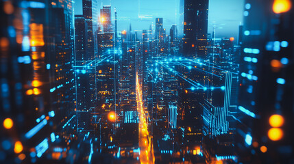 Obraz premium Smart digital city with connection cyber security network reciprocity over the cityscape . future smart wireless digital city and social media networking systems that connects people within the city
