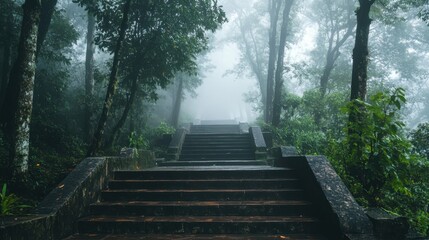 Mystical Forest Staircase Shrouded in Mist