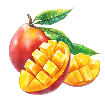 Illustration of fresh mango fruit with green leaf on white transparent background, high-resolution PNG, perfect for design and web use.