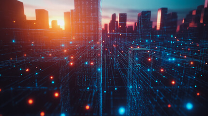 Fototapeta premium Smart digital city with connection cyber security network reciprocity over the cityscape . future smart wireless digital city and social media networking systems that connects people within the city