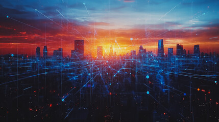 Obraz premium Smart digital city with connection cyber security network reciprocity over the cityscape . future smart wireless digital city and social media networking systems that connects people within the city