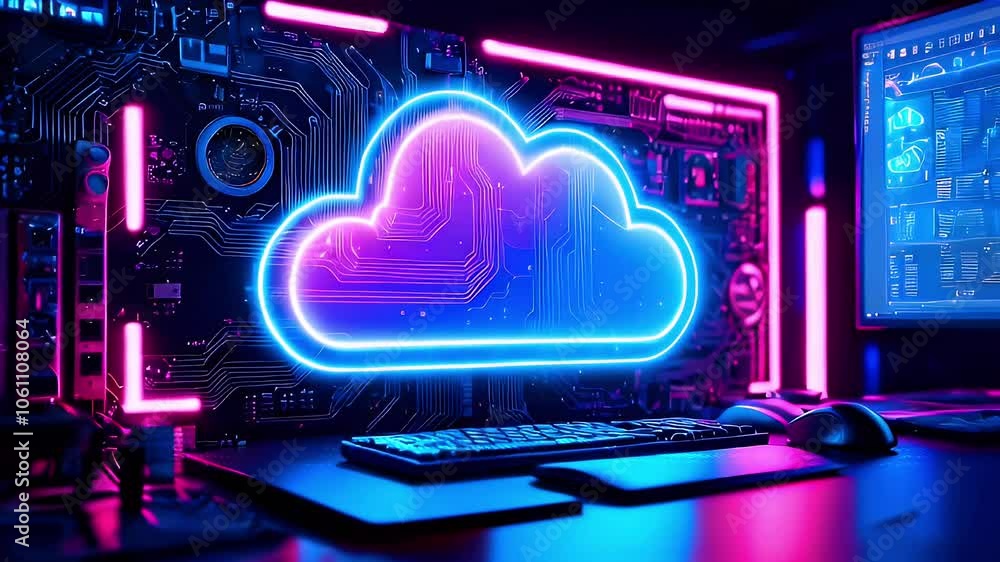 Poster neon cloud symbol glowing on circuit board, pink and blue lights with a computer keyboard and mouse.