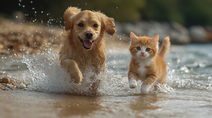 High-Definition Photo of a Dog and Cat Running on the Beach with an American Shorthair Kitten Chasing, Splashing Through the Waves
