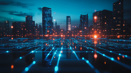 Obraz premium Smart digital city with connection cyber security network reciprocity over the cityscape . future smart wireless digital city and social media networking systems that connects people within the city