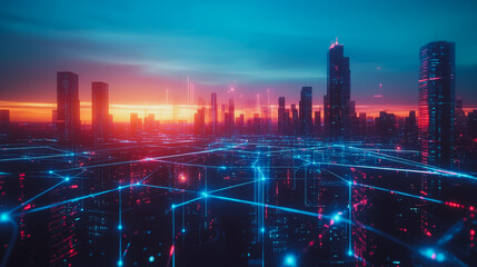 Fototapeta premium Smart digital city with connection cyber security network reciprocity over the cityscape . future smart wireless digital city and social media networking systems that connects people within the city