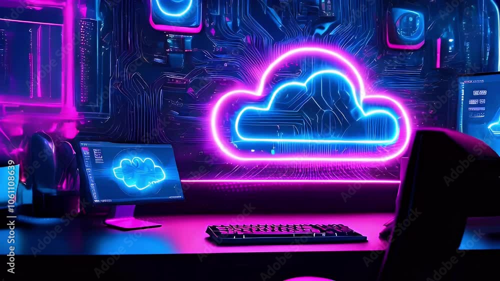 Poster neon cloud symbol on a dark background, illuminated with blue and pink colors. there is a keyboard a