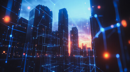 Fototapeta premium Smart digital city with connection cyber security network reciprocity over the cityscape . future smart wireless digital city and social media networking systems that connects people within the city