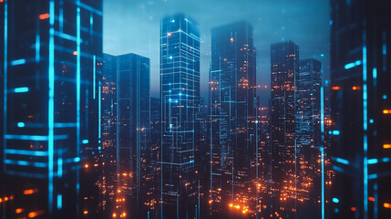 Fototapeta premium Smart digital city with connection cyber security network reciprocity over the cityscape . future smart wireless digital city and social media networking systems that connects people within the city