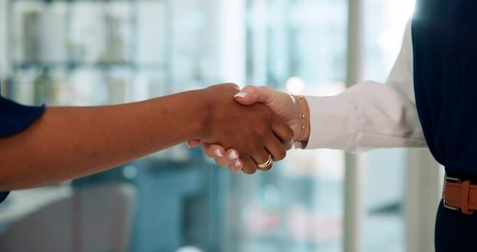 Handshake, deal and business women in office with job interview, meeting or agreement. Welcome, greeting and hr manager shaking hands with hiring candidate for introduction at recruitment discussion.