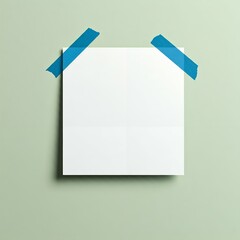 Fototapeta premium Mockup poster A blank white paper sheet taped to a wall with two blue pieces of tape.