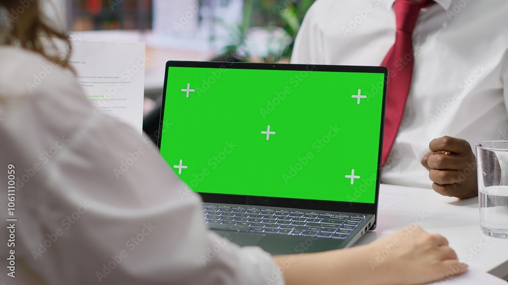 Poster hr manager doing a job interview with candidate by using laptop with chroma key mockup, asking quest