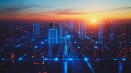 Smart digital city with connection cyber security network reciprocity over the cityscape . future smart wireless digital city and social media networking systems that connects people within the city