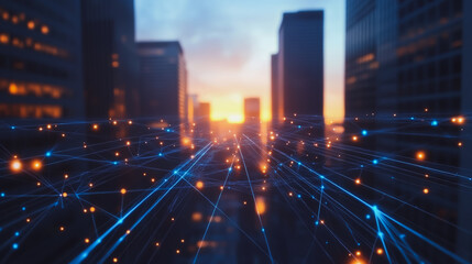 Smart digital city with connection cyber security network reciprocity over the cityscape . future smart wireless digital city and social media networking systems that connects people within the city