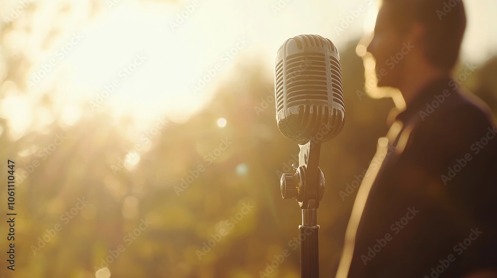Poster retro microphone in a golden bokeh setting