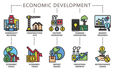 Economic development lineal color icons set. contain community, crisis, construction, farming innovation, industrial, market and more. Vector EPS 10 for UI or UX kit, web and app, business, finance.