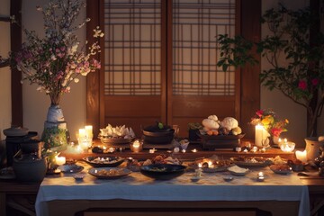 Tranquil Korean Altar for Seollal: A Reverent Tribute to Ancestors at Dawn