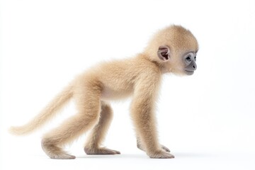 Obraz premium the beside view baby Gibbon primate standing, left side view, low angle, white copy space on right, Isolated on White Background